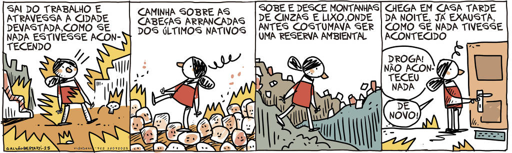 A tira Viver Dói, de Fabiane Langona, publicada em 19/07/25, é composta por um único quadro horizontal, onde vemos uma moça acocorada  tranquilamente uma mudinha de árvore. Ao fundo, diversos prédios sinalizam que ela está em grande metrópole. Duas pessoas com expressão rabugenta a observam tecendo comentários.     No quadrinho 1, uma das pessoas rabugentas diz: “Tá vendo o que eu estou vendo? Que absurdo.. esses ecochatos andam passando dos limites.” No que a outra pessoa rabugenta responde: “ECOTERRORISTAS” você quer dizer! Isso aí é um atentado contra o desenvolvimento urbano!  