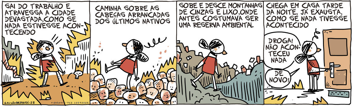 A tira Viver Dói, de Fabiane Langona, publicada em 19/07/25, é composta por um único quadro horizontal, onde vemos uma moça acocorada  tranquilamente uma mudinha de árvore. Ao fundo, diversos prédios sinalizam que ela está em grande metrópole. Duas pessoas com expressão rabugenta a observam tecendo comentários.     No quadrinho 1, uma das pessoas rabugentas diz: “Tá vendo o que eu estou vendo? Que absurdo.. esses ecochatos andam passando dos limites.” No que a outra pessoa rabugenta responde: “ECOTERRORISTAS” você quer dizer! Isso aí é um atentado contra o desenvolvimento urbano!  