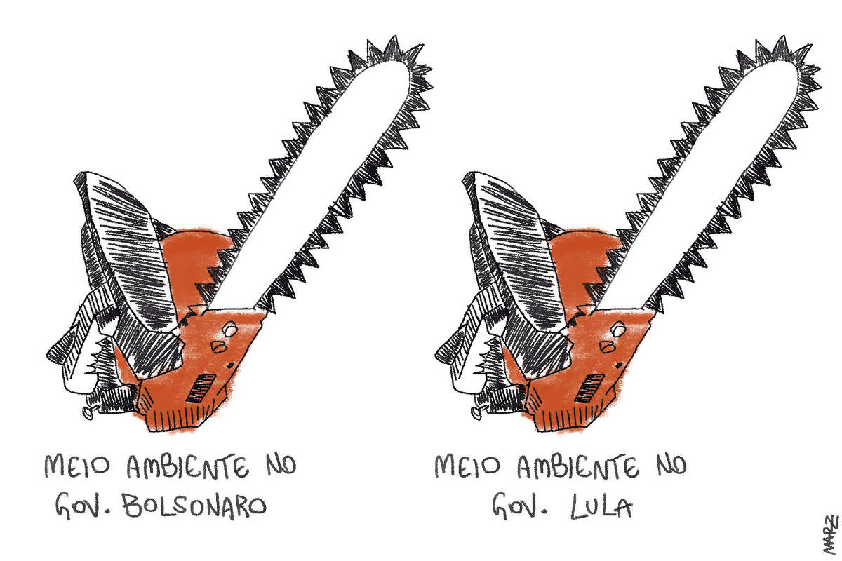 A charge de Marília Marz, publicada no dia 19 de julho, mostra duas motosserras idênticas, cada uma com uma legenda. Na primeira, lê-se: "Meio ambiente no gov. Bolsonaro" e, na segunda: "Meio ambiente no gov. Lula".