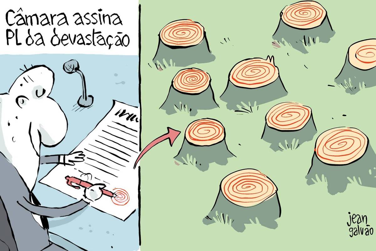 A charge de Jean Galvão publicada na Folha tem o título “Câmara assina PL da Devastação”. A charge está dividida em duas partes. À esquerda da imagem, um político está sentado à mesa, ele segura uma caneta vermelha e assina um documento. A sua assinatura imita o desenho de círculos concêntricos em vermelho. À direita da imagem, vemos um campo com vários troncos de árvores serradas, reduzidas a tocos, com os mesmos círculos concêntricos na superfície, remetendo diretamente à assinatura do político.