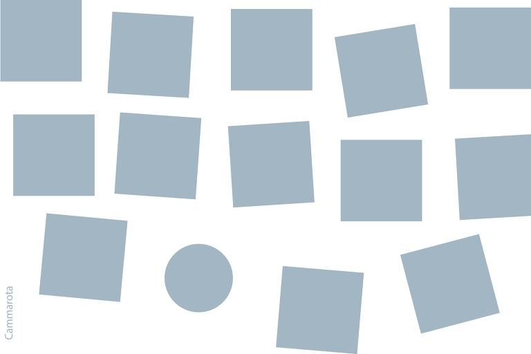 A ilustração de Ricardo Cammarota foi executada em técnica digital, vetor. Imagem na horizontal, medindo 13,9 cm x 9,1 cml, composição gráfica abstrata em fundo branco. Quinze formas geométricas preenchidas em azul acinzentado estão distribuídas irregularmente por toda a área. Quatorze dessas formas são quadrados levemente rotacionados em ângulos variados, e uma é um círculo, localizado próximo à base central da imagem. As figuras não se sobrepõem e estão afastadas entre si.