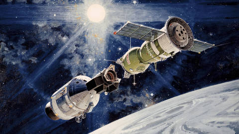 An image provided by NASA shows a 1973 artistÕs conception of the Apollo-Soyuz Test Project, with the Apollo spacecraft at left and the Soyuz spacecraft at right. Fifty years ago, the Apollo-Soyuz Test Project brought Soviet cosmonauts and NASA astronauts together in the first international crewed spaceflight.-- NO SALES; EDITORIAL USE ONLY -- ORG XMIT: XNYT0323