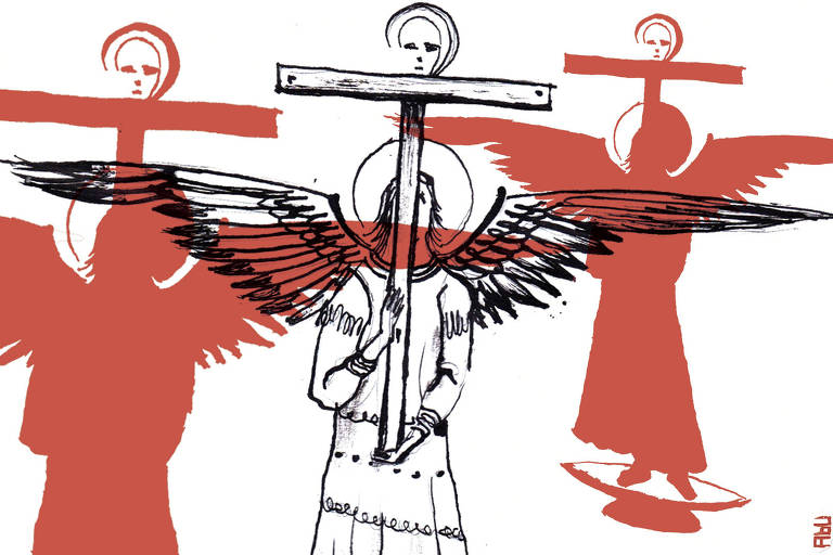 Imagem cristã sacra com crucifixo na mão e asas abertas