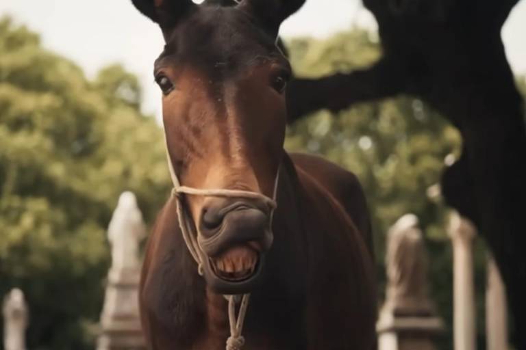 A imagem mostra um cavalo marrom com uma expressão curiosa, olhando diretamente para a câmera. O cavalo está amarrado com uma corda e há árvores ao fundo, além de estátuas visíveis no ambiente. A luz é suave, sugerindo que a foto foi tirada em um dia claro.
