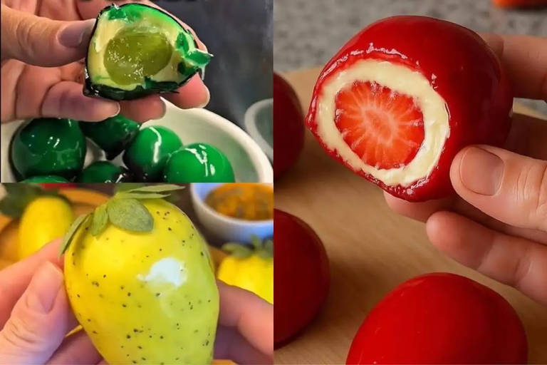A imagem apresenta quatro tipos de doces que imitam frutas. No canto superior esquerdo, um doce verde é mostrado sendo cortado, revelando um recheio verde. No canto superior direito, um doce vermelho com uma fatia de morango exposta no interior. No canto inferior esquerdo, um doce amarelo em forma de limão, com uma parte branca na superfície. No canto inferior direito, vários doces vermelhos em forma de maçã, com um foco em um deles sendo segurado por uma mão.