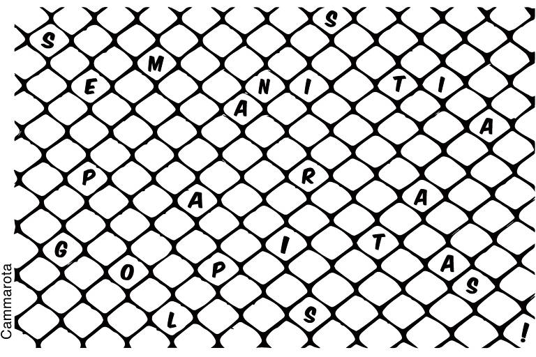 A imagem apresenta uma grade com um padrão de losangos, onde estão dispostas várias letras formando palavras. As palavras visíveis incluem 'SEMANTICA', 'PARA', 'GOLPISTAS', entre outras. O fundo é branco e as letras são pretas, destacando-se na grade. No canto inferior esquerdo, há a assinatura 'Cammarota'.