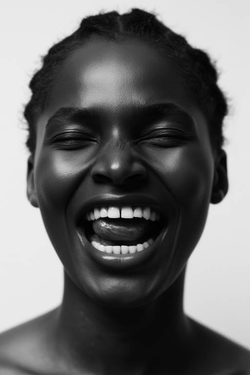 A imagem mostra um retrato em preto e branco de uma mulher com pele escura, sorrindo amplamente. Ela tem cabelo trançado e está sem camisa, com um fundo neutro. A expressão dela é de alegria, com os olhos fechados e dentes visíveis.