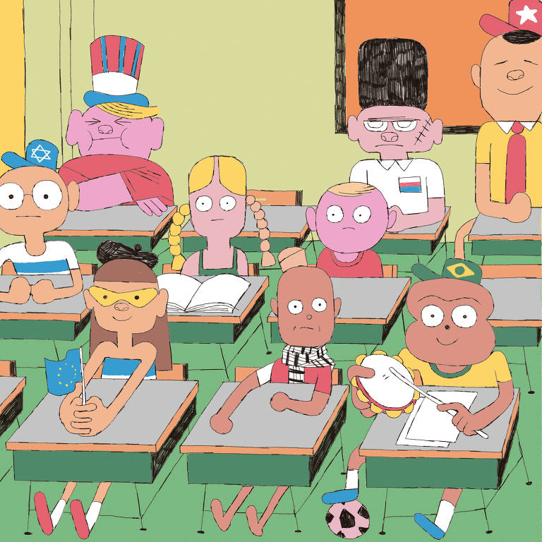 La imagen muestra un aula con varios personajes animados sentados en pupitres. Los estudiantes tienen diferentes características y vestimentas, representando diversas nacionalidades. Hay un estudiante con una bandera, otro con un libro abierto y otro con un balón de fútbol. El ambiente es colorido, con paredes y muebles sencillos.