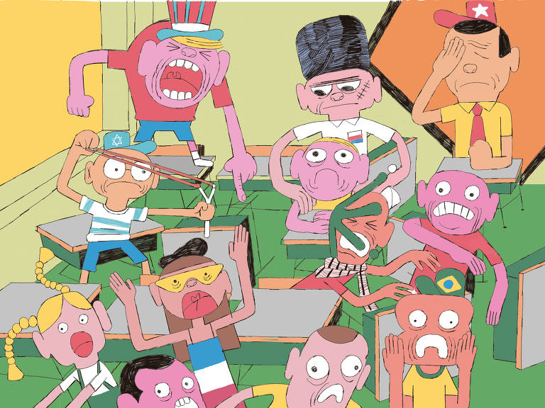 La imagen muestra un aula llena de personajes caricaturizados, todos con expresiones exageradas de emoción. Algunos gritan, otros parecen asustados o sorprendidos. Los personajes representan diferentes nacionalidades, con ropa que indica sus orígenes, como una camiseta brasileña, una mexicana y otros elementos que sugieren diversas culturas. El ambiente es colorido y caótico, con mesas y sillas desordenadas.