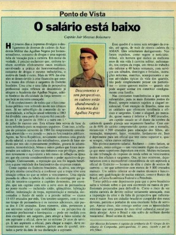 Um artigo intitulado 'O salário está baixo', escrito pelo Capitão Jair Messias Bolsonaro. O texto discute a situação salarial, com uma foto do autor ao lado. O artigo é apresentado em um formato de coluna, com um cabeçalho em destaque e um fundo claro.