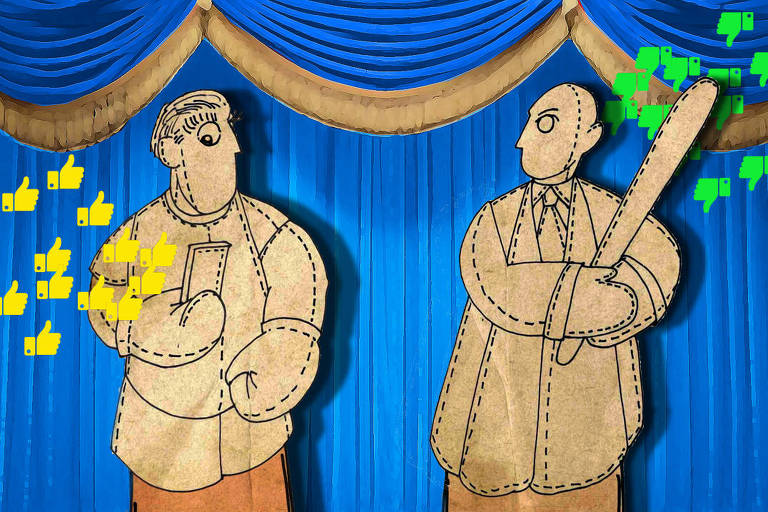 A ilustração de Ariel Severino em estilo de recorte de papel mostra duas marionetes se encarando sobre um palco de cortinas azuis e adereços dourados no topo. À esquerda, uma das marionetes, vestindo camiseta, bermudas e luvas de box, segura um celular e está rodeado por ícones amarelos de “curtir”, representando o apoio da extrema direita. À direita, outra marionete, de rosto hostil, empunha um grande taco de madeira e está cercado por ícones verdes de “não curtir” também da mesma galera. Veste toga, camisa e gravata. A cena sugere um embate simbólico no contexto político-judicial deste país, onde só se contabiliza em “likes” de quem domina a redes sociais.