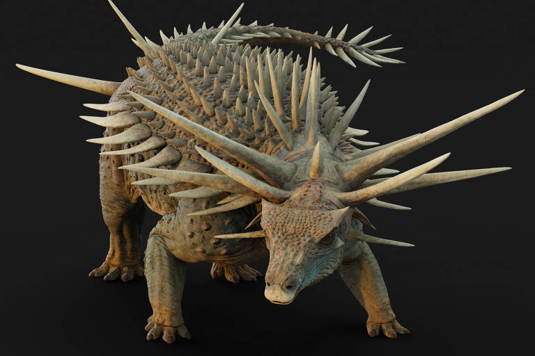 L'image montre un dinosaure préhistorique au corps robuste et couvert d'épines. Il possède une tête large, des cornes proéminentes et une peau rugueuse. Le fond noir met en valeur la silhouette du dinosaure.