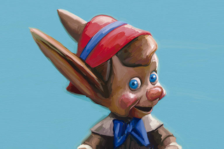 A ilustração de Adams Carvalho, publicada na Folha de São Paulo no dia 31 de Agosto de 2025, mostra o desenho do personagem Pinóquio com grandes orelhas de burro, ao invés do nariz sobressalente.