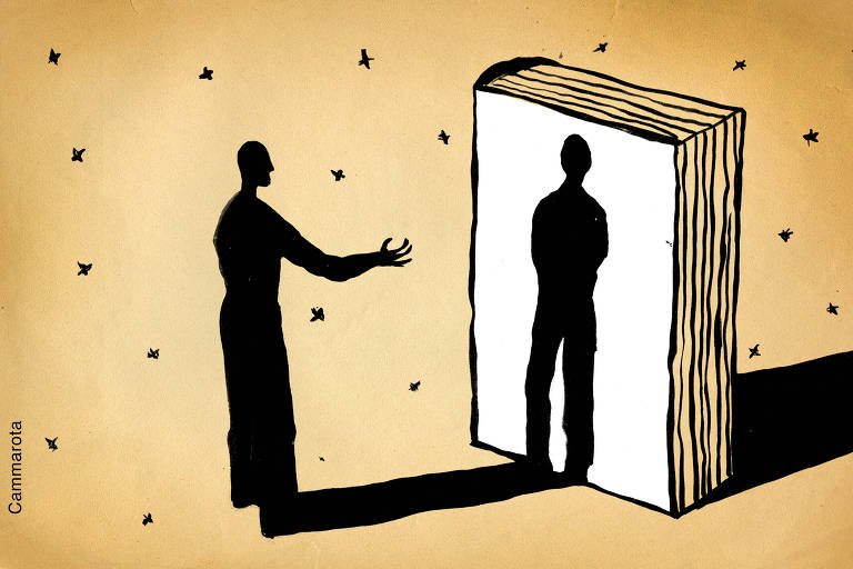 Na horizontal, na proporção de 13,9 cm x 9,1 cm, a imagem apresenta uma figura humana em preto, de perfil, com braços estendidos para a frente, posicionada diante de um grande livro em pé, do mesmo tamanho que ela. Na capa branca do livro aparece a silhueta de outra pessoa em preto ou seu próprio reflexo, de frente e de braços cruzados. Pequenas formas estrelares espalhadas ao redor; o fundo é bege.