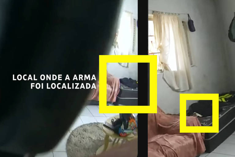 Duas imagens, lado a lado, mostram o interior do mesmo quarto. À esquerda, há um texto que diz 'LOCAL ONDE A ARMA FOI LOCALIZADA', ao lado de um quadrado amarelo que mostra o braço de um sofá avermelhado e uma cama com colchão escuro e nenhuma arma. No canto inferior direito, há a mesma cama e um objeto que parece ser uma arma, dentro de outro quadrado amarelo destacado. O ambiente é simples, com paredes claras e uma janela com cortinas.