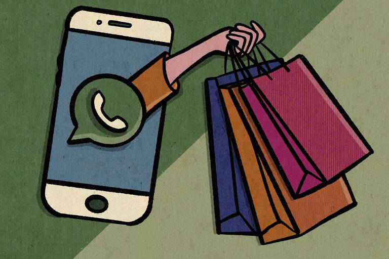 Ilustração de um smartphone exibe a tela azul com o ícone do WhatsApp em destaque. De dentro do aparelho sai um braço estendido que segura várias sacolas coloridas de compras, sugerindo a ideia de comércio digital ou compras pelo aplicativo. O fundo em tons de verde cria contraste com as cores vivas das sacolas.