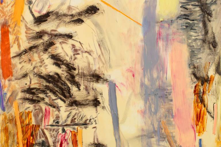 A imagem apresenta uma pintura abstrata com uma mistura de cores como amarelo, laranja, preto e azul. As pinceladas são soltas e expressivas, criando uma sensação de movimento e dinamismo. O fundo é predominantemente claro, enquanto as cores mais escuras e vibrantes se destacam em várias áreas da composição.