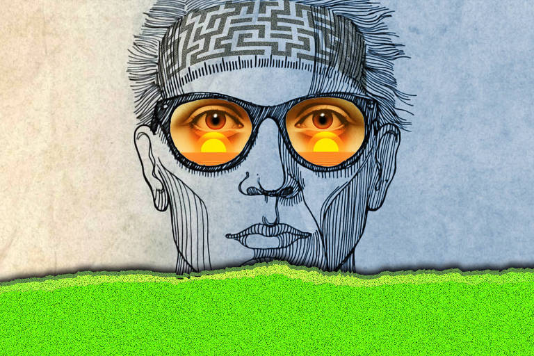 Ilustração simbólica de um rosto humano em traços de desenho anatômico em preto sobre fundo azul claro. A parte superior da cabeça, acima de uma faixa de medição, revela um cérebro transformado num labirinto geométrico em preto e branco. Os óculos do personagem refletem, em cada lente, olhos atentos e um sol nascente, sugerindo metáforas sobre mente, percepção e transformação. Evocando um novo horizonte possível para a democracia. A expressão é séria, entre a vigília e a esperança. Na base da imagem, uma faixa verde intensa lembra tanto o chão de nosso país quanto a vitalidade de sua sociedade. A composição traduz visualmente a ideia de que foi um julgamento histórico em 11 de setembro, que rompeu o ciclo de autoritarismos e abriu uma nova perspectiva inédita para o amanhecer definitivo da democracia no Brasil.