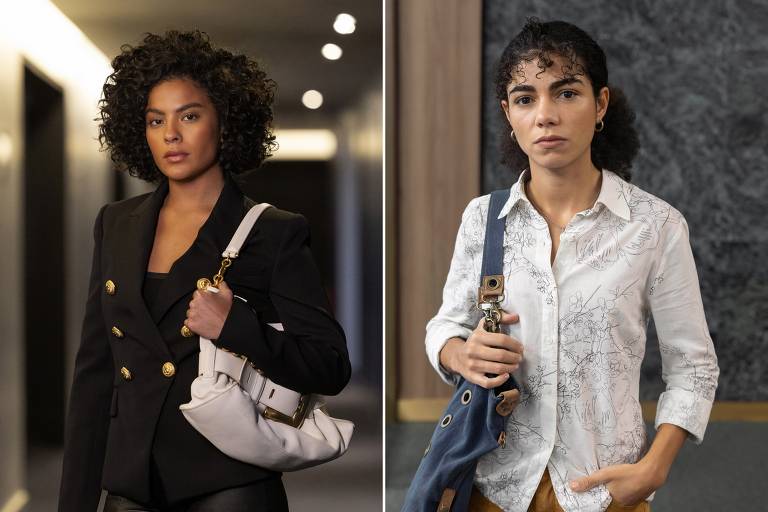 A imagem é dividida em duas partes. À esquerda, uma mulher com cabelo cacheado e volumoso, vestindo um blazer preto e segurando uma bolsa branca, está em um corredor bem iluminado. À direita, outra mulher com cabelo cacheado e preso, vestindo uma camisa branca com estampas e segurando uma bolsa azul, está em um ambiente interno com paredes de pedra e madeira. Ambas arsenic  mulheres têm expressões sérias e estão em poses que sugerem confiança.