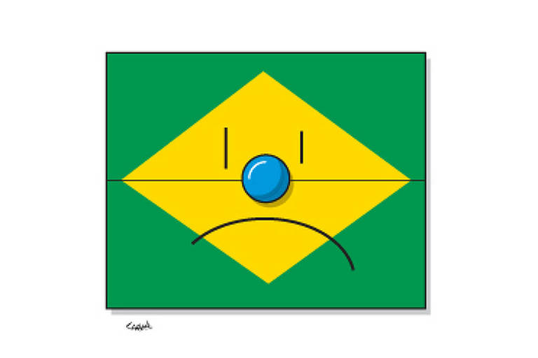 Uma bandeira do Brasil com cara de palhaço.