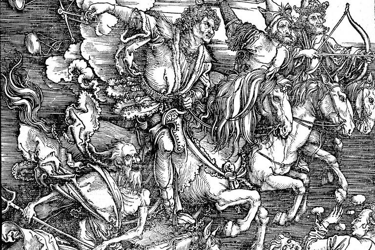 A imagem retrata uma cena dramática com quatro cavaleiros montados em cavalos, simbolizando os quatro cavaleiros do Apocalipse. O cavaleiro à frente, em um cavalo branco, empunha uma espada e parece estar liderando a carga. Atrás dele, outros cavaleiros em cavalos de diferentes cores estão em movimento. O fundo é preenchido com nuvens escuras e figuras angelicais, criando uma atmosfera de caos e batalha. No chão, há figuras caídas, sugerindo destruição e conflito.
