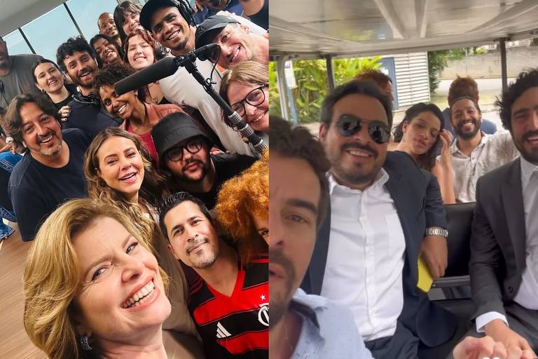 A imagem é dividida em duas partes. A parte esquerda mostra um grande grupo de pessoas sorrindo para a câmera em um ambiente interno, com janelas grandes ao fundo. Algumas pessoas estão usando camisetas de times de futebol. A parte direita apresenta um grupo menor de pessoas em um veículo, onde todos estão sorrindo e fazendo poses para a câmera. Há uma mensagem em texto que diz 'Senti saudade'.