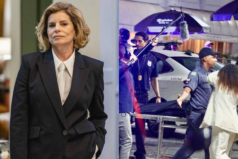 A imagem é dividida em duas partes. À esquerda, uma mulher com cabelo ondulado e loiro, vestindo um terno preto e uma blusa branca, está em pé com uma expressão séria. À direita, uma cena de ação policial, onde vários policiais estão ao redor de um veículo, com um deles empurrando uma maca. A atmosfera parece tensa, com pessoas observando ao fundo.