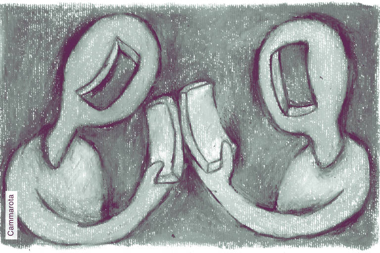 A ilustração de Ricardo Cammarota foi executada em técnica pastel oleoso sobre papel, em tons monocromáticos esverdeados. Mostra duas figuras humanas estilizadas, uma de frente para a outra, cada qual segurando um celular com os braços estendidos. As cabeças são ovais, ocas, com grandes aberturas retangulares no lugar dos rostos, lembrando telas vazias. Ambas parecem mirar seus aparelhos, que se tocam no centro da composição. O fundo é preenchido com textura densa de traços verticais claros sobre superfície escura.