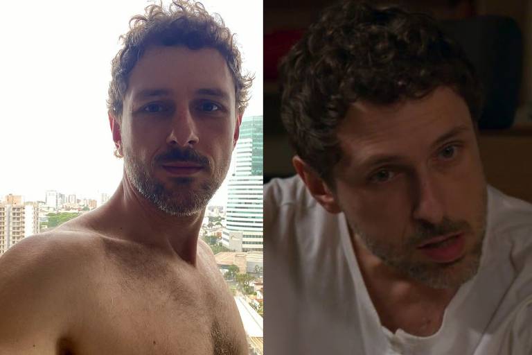 À esquerda, homem sem camisa em ambiente externo com prédios ao fundo durante o dia. À direita, o mesmo homem veste camiseta branca em ambiente interno com iluminação baixa.