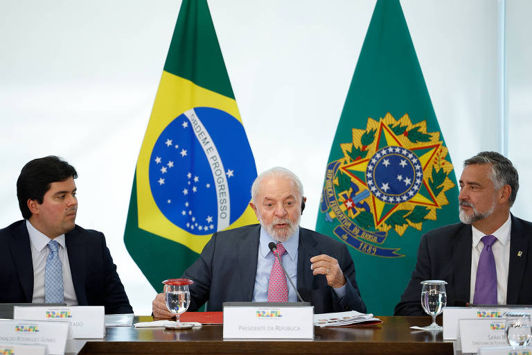 Três homens sentados à mesa em reunião oficial. O homem ao centro fala e gesticula com a mão direita, com microfone à frente. Atrás deles, duas bandeiras brasileiras, uma com o círculo azul e estrelas e outra com o brasão nacional. Copos d'água e placas de identificação estão sobre a mesa.