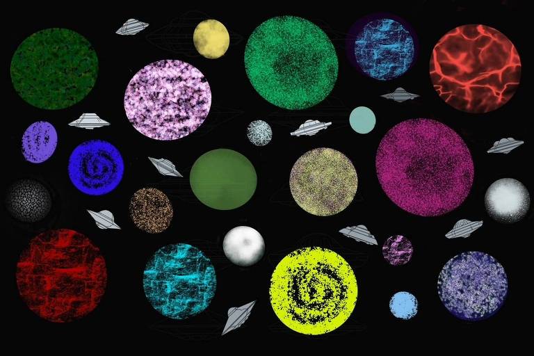 Diversos planetas coloridos com texturas variadas estão distribuídos sobre fundo preto, acompanhados por pequenas naves espaciais cinzas em formato triangular.