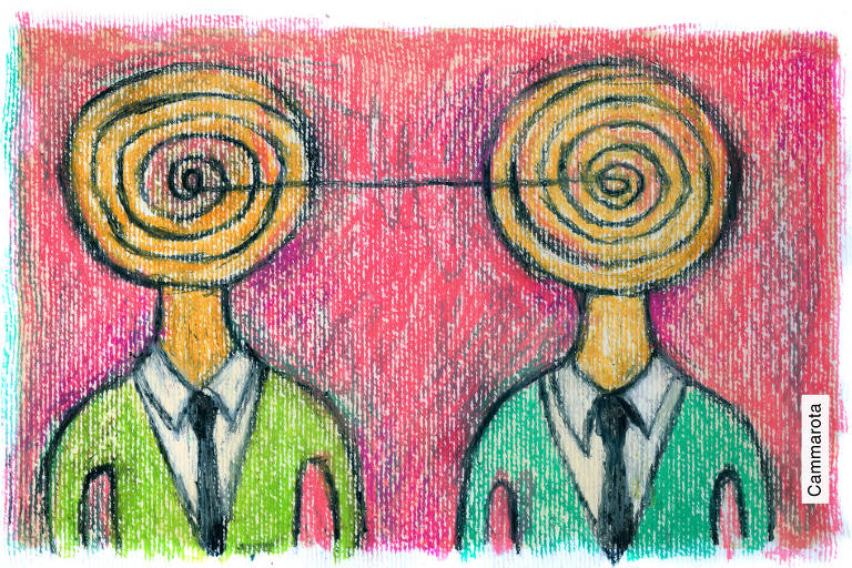 A ilustração de Ricardo Cammarota foi executada em técnica pastel oleoso sobre papel. Mostra duas figuras humanas lado a lado, com roupas semelhantes: camisa branca, gravata preta e suéter verde. Ambas têm cabeças substituídas por espirais concêntricas amarelo-alaranjadas, como caracóis ou labirintos. As duas espirais estão conectadas por uma linha reta preta que liga seus centros. O fundo é preenchido por textura em tons de vermelho e rosa, com toques de azul nas bordas.