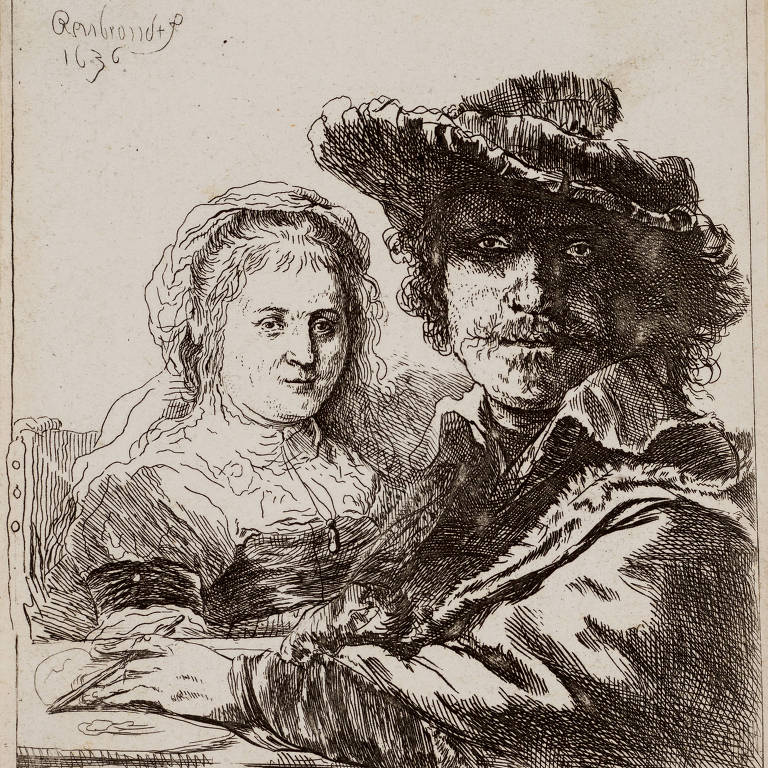 Gravura em preto e branco mostra duas figuras: um homem em primeiro plano usando chapéu com penas e roupas do século XVII, e uma mulher ao fundo com touca e vestido da mesma época. Assinatura e data 'Rembrandt 1635' aparecem no canto superior esquerdo.