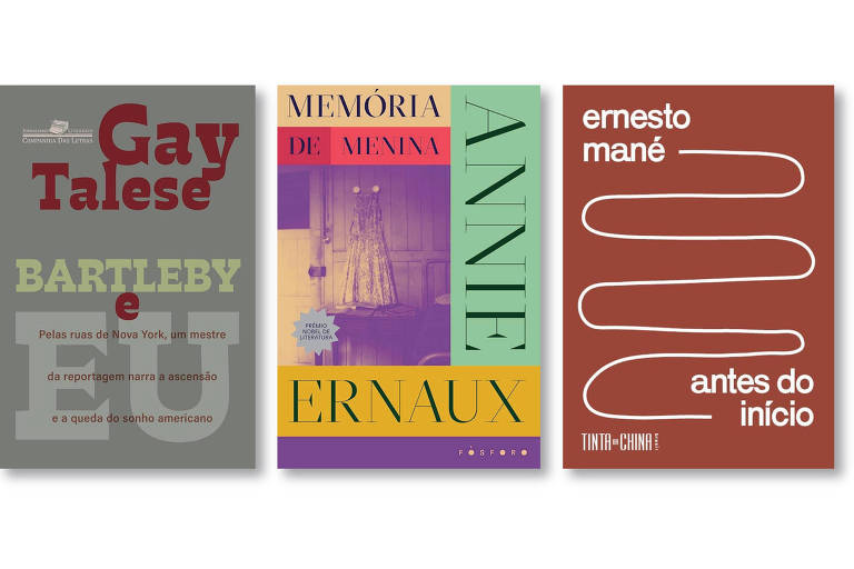 Três capas de livros alinhadas horizontalmente. A primeira capa, cinza, tem o título 'Gay Talese' em vermelho e 'Bartleby e' em verde, com texto adicional em preto. A segunda capa apresenta uma foto em tons roxos e amarelos com o título 'Memória de Menina' em letras pretas e vermelhas, e o nome 'Annie Ernaux' em verde e amarelo. A terceira capa é marrom com linhas brancas sinuosas e o título 'ernesto mané antes do início' em branco.