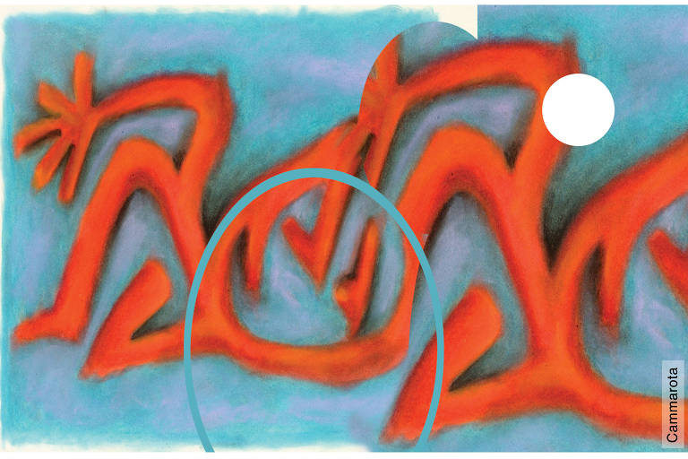 Pintura abstrata com formas onduladas e angulares em tons de vermelho e laranja sobre um fundo azul. As formas se entrelaçam e criam um padrão dinâmico e fluido, com destaque para uma linha curva azul clara que atravessa o centro da imagem.