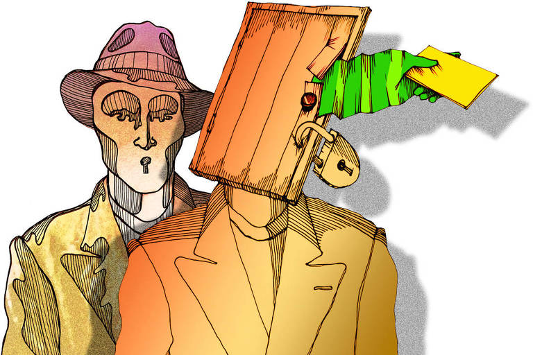 A ilustração mostra duas figuras humanas vestidas com roupas formais, desenhadas em estilo de traço fino e cores quentes. O personagem à frente tem a cabeça substituída por uma porta de madeira com cadeado e ferrolho, simbolizando o fechamento e a desconfiança. De dentro dessa porta, quebrando parte do marco da porta, um braço verde de papel dobrado como sanfona, estende-se para fora, segurando um envelope amarelo — uma referência ao voto.  Atrás dele, outra figura observa em silêncio; no seu rosto a boca é uma fenda em forma de fechadura, reforçando a ideia de bloqueio e de segredo. A cena traduz visualmente o ato de votar não por convicção ou esperança, mas para impedir o outro lado — um voto como veto, guiado pelo medo e pela desconfiança política