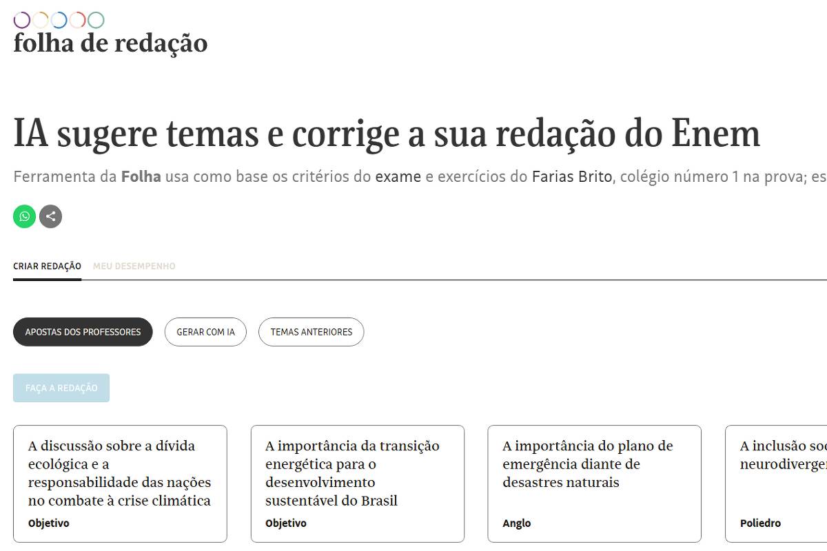 Folha lança plataforma com IA para sugerir temas e corrigir redações do Enem