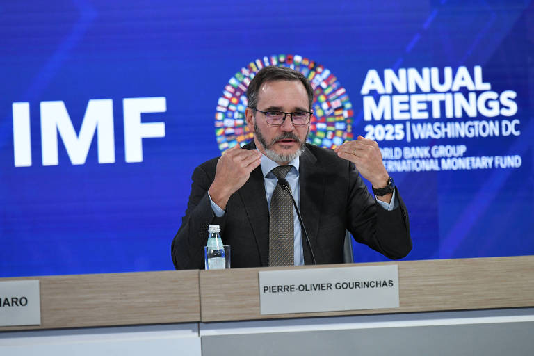 Pierre-Olivier Gourinchas, economista-chefe do FMI, fala em conferência.