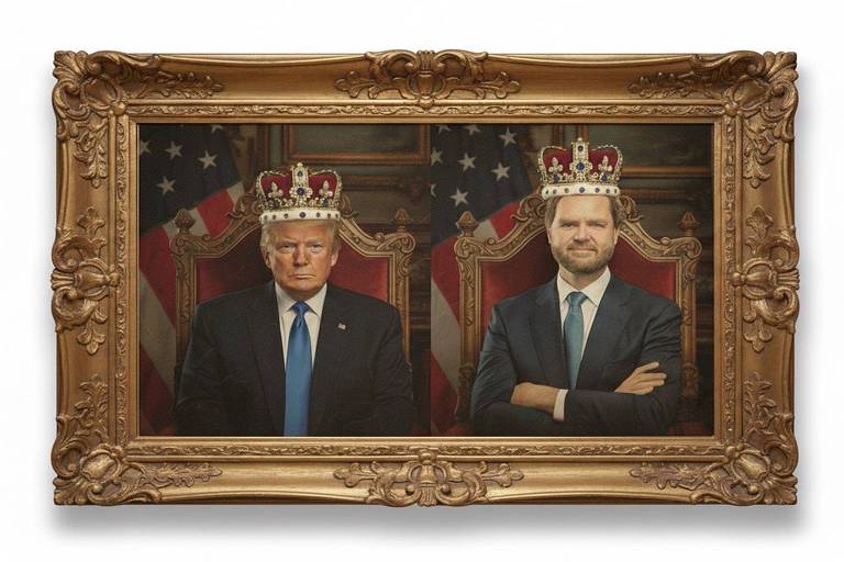 Retrato em moldura dourada mostra dois homens com coroas reais, um de terno azul e outro de terno cinza, com bandeiras americanas ao fundo. Abaixo, foto de dois homens em terno e gravata usando sombreros mexicanos, um deles gesticulando com as mãos durante discurso ao ar livre.