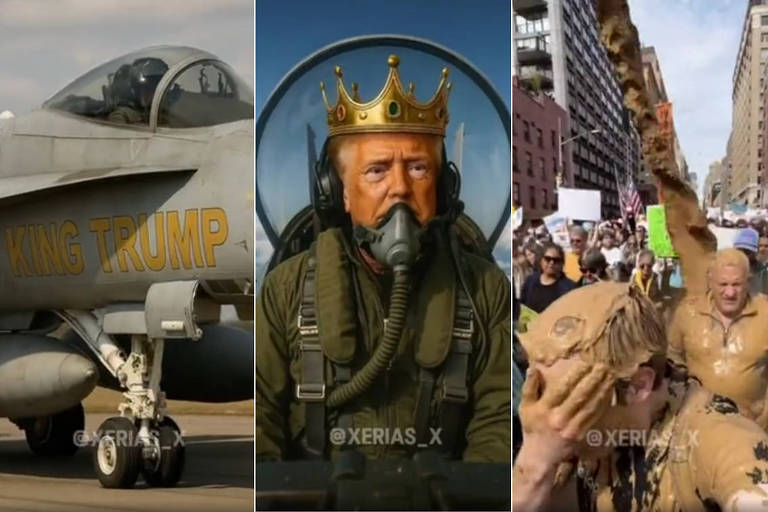 Três imagens lado a lado: à esquerda, jato militar cinza com inscrição amarela 'KING TRUMP'; ao centro, homem com máscara de oxigênio e coroa dourada em fundo azul; à direita, multidão em rua urbana, com pessoas segurando cartazes e uma figura coberta de líquido viscoso marrom.