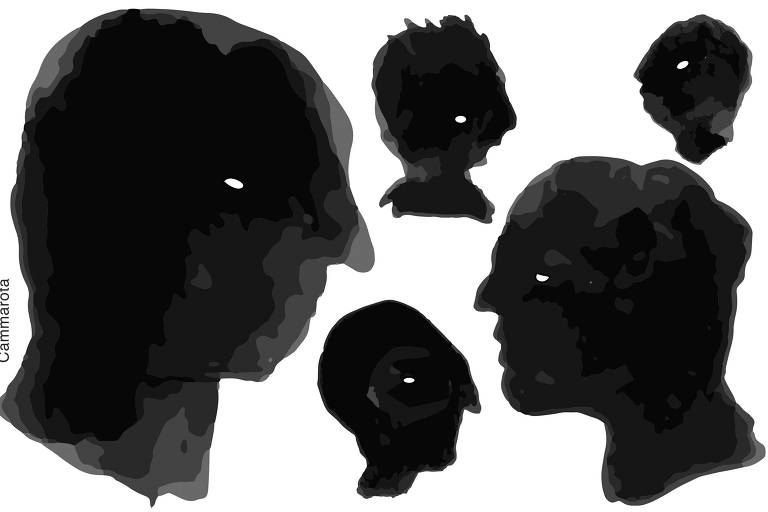 A ilustração de Ricardo Cammarota foi executada em técnica manual, com pincel e tinta nanquim aguado sobre papel. A composição mostra cinco perfis humanos estilizados em preto, cinza e tons intermediários, com contornos irregulares que lembram manchas ou recortes. Todos os rostos têm um ponto branco no lugar do olho, criando contraste intenso com o fundo branco. Os perfis variam de tamanho: dois grandes em destaque ocupam as laterais esquerda e direita, voltados um para o outro, enquanto três menores aparecem distribuídos ao fundo, sugerindo diferentes presenças ou vozes em diálogo.