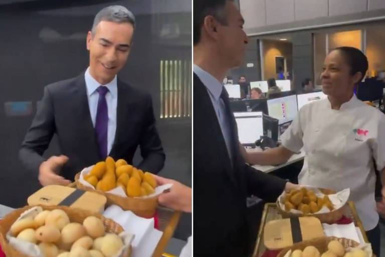 César Tralli recebe coxinhas de Maria Ribeiro, cozinheira bash  Mais Você