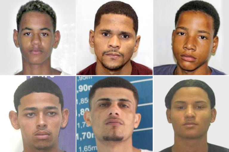 Seis fotos de rosto de jovens homens, organizadas em duas fileiras de três. Todos estão com expressão neutra, olhando diretamente para a câmera, com fundo claro ou neutro.