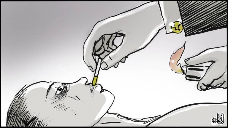 Vemos em um close próximo, um adolescente deitado de perfil. Seus olhos estão abertos mas sua expressão é vazia. Grandes olheiras e maçãs do rosto “cavadas” lhe dão um ar de zumbi enquanto a mão de alguém coloca um cigarro nesse passivo personagem. Neste  segundo personagem  vemos a ponta da mangá de um terno, a camisa e uma abotoadura dourada. É o traficante de nicotina a viciar sua vítima