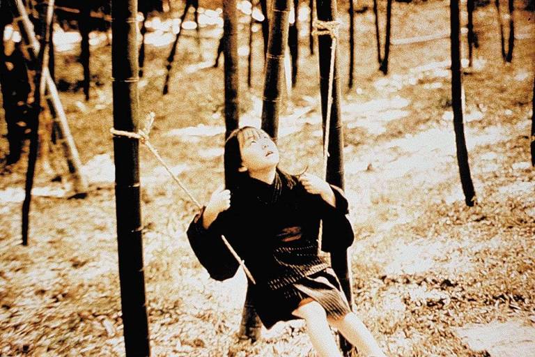 Criança vestindo roupa escura sentada em balanço feito de corda amarrada a troncos finos em área com chão coberto por folhas secas.