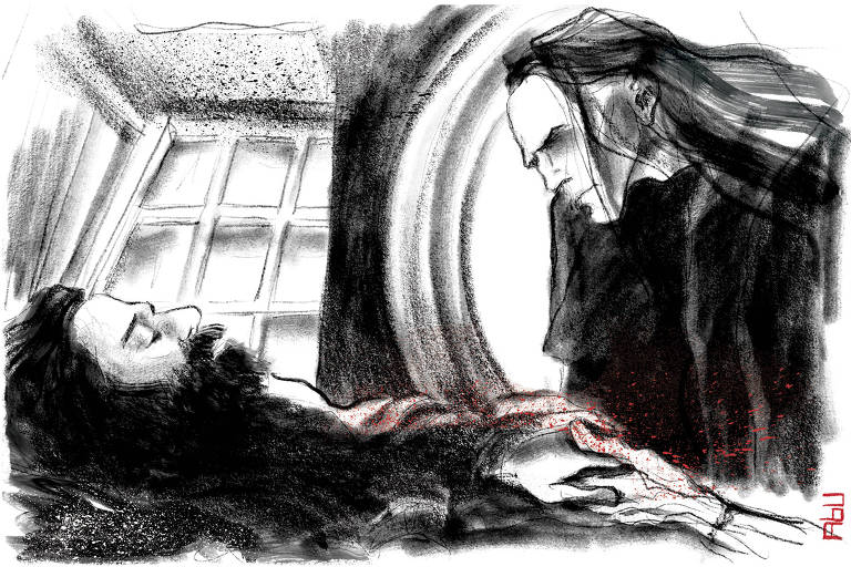 Cena do filme Frankestein em que o monstro contempla seu criador deitado inerte.