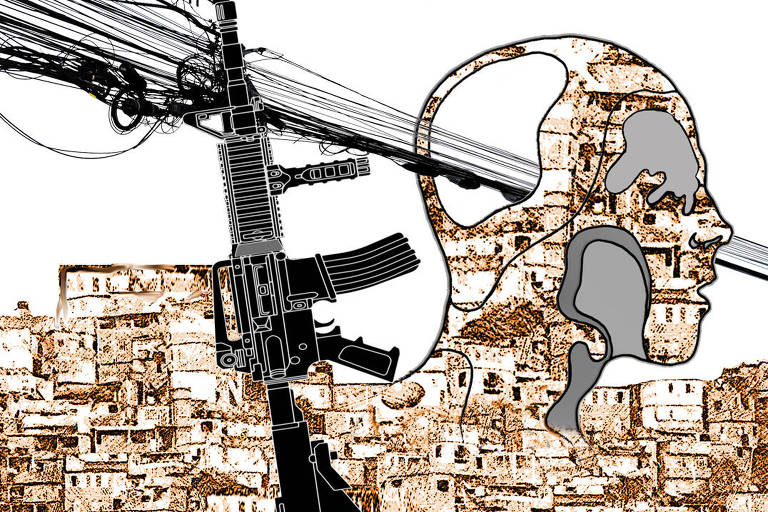 A imagem mostra uma fusão entre elementos urbanos, violência armada e a presença humana. No fundo, aparece uma grande massa de construções de favela, em tons terrosos, formando um padrão denso e repetido de casas comprimidas. Em primeiro plano, à esquerda, há o desenho detalhado de um fuzil preto, mostrado de perfil e em grande escala. De cima dele e atrás dele surge um emaranhado de fios elétricos irregulares, cabos sobrepostos e desorganizados, como os “gatos” comuns nas áreas periféricas. Esses fios atravessam horizontalmente toda a imagem. À direita, esses mesmos fios penetram na cabeça de uma figura humana de perfil. A cabeça é representada como um contorno anatômico simples, mas seu interior é preenchido pelo mesmo padrão visual das casas da favela, como se o território ocupasse também o espaço mental. Há áreas internas destacadas em cinza, sugerindo cavidades ou regiões do cérebro, reforçando a metáfora da mente atravessada e ocupada. Um dos fios atravessa diretamente a altura da testa em direção ao fundo da cabeça, como uma linha que perfura pensamentos. A composição cria um contraste duro entre os cabos caóticos, a arma e a figura humana, transmitindo a sensação de uma vida mental e social atravessada pela violência armada, pelo controle territorial e pela desordem estrutural. A favela aparece simultaneamente como cenário, como estrutura e como parte do corpo — sugerindo que a experiência cotidiana de ameaça e colapso normativo molda a percepção, a mente e a sobrevivência das pessoas que vivem ali.