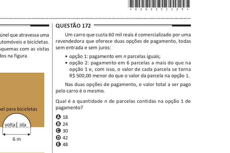 Imagem mostra duas questões de matemática numeradas 172 e 173. A questão 172 aborda o pagamento parcelado de um carro com valores e condições específicas. A questão 173 trata da distribuição de presentes entre diferentes pessoas, considerando várias condições e quantidades. Ambas as questões incluem textos explicativos e opções de múltipla escolha numeradas.