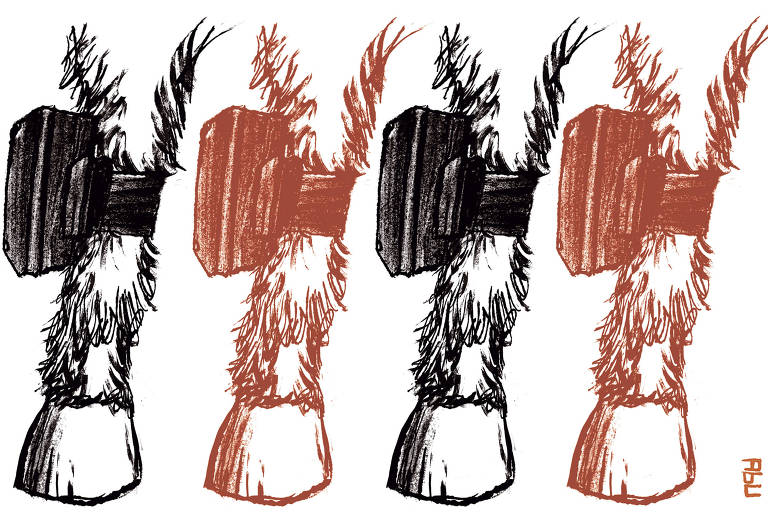 Quatro ilustrações alinhadas horizontalmente de um martelo com cabo texturizado e cabeça robusta. As imagens alternam entre preto e marrom, com traços expressivos e estilo de desenho manual.