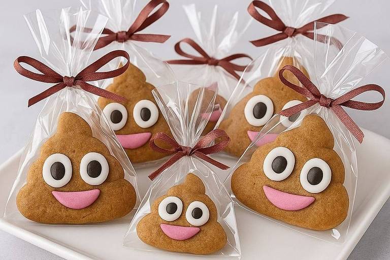 Six emoji-shaped cookies with big eyes and a smiling mouth, decorated with white, black and pink icing. Each cookie is packed in a clear plastic bag tied with a brown ribbon, and placed on a white plate.
